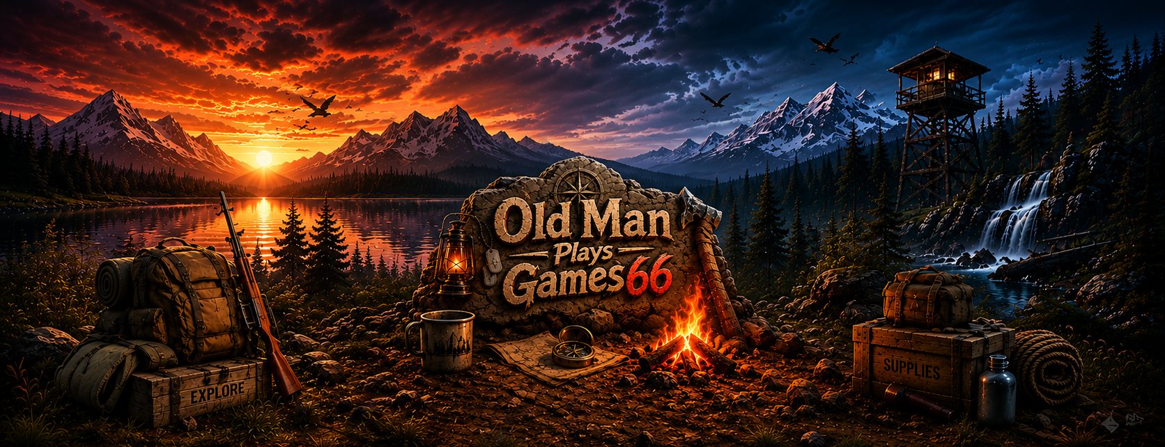 Old Man Plays Games66 – a campfire, backpack and supplies beside a mountain lake at sunset